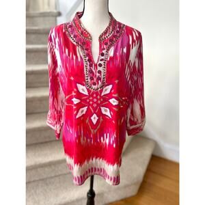 Chico's Red Pink Ikat Watercolor Western Boho Embellished Stud Tunic Blouse